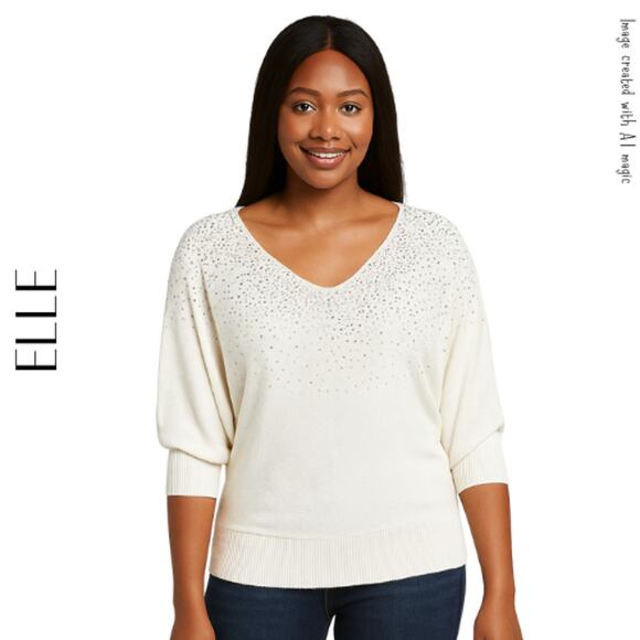 ELLE Off-White Sequined Dolman Sleeve Sweater, M - Picture 1 of 9